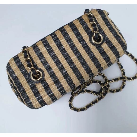 Chanel Vanity Chain Raffia Jute Thread Black Beige Bag - Picture 5 of 6